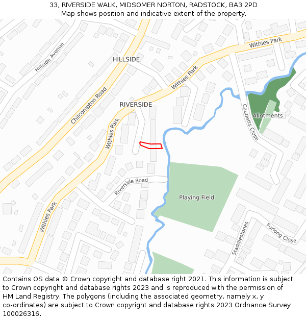 33, RIVERSIDE WALK, MIDSOMER NORTON, RADSTOCK, BA3 2PD: Location map and indicative extent of plot