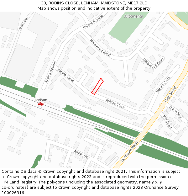 33, ROBINS CLOSE, LENHAM, MAIDSTONE, ME17 2LD: Location map and indicative extent of plot