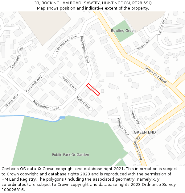 33, ROCKINGHAM ROAD, SAWTRY, HUNTINGDON, PE28 5SQ: Location map and indicative extent of plot