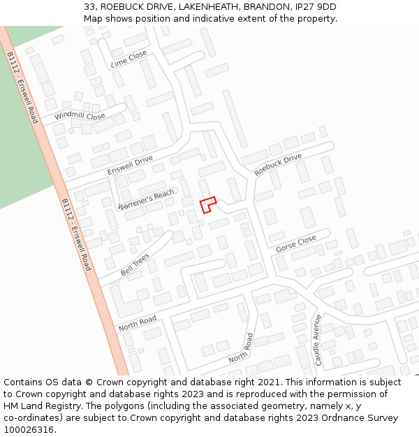 33, ROEBUCK DRIVE, LAKENHEATH, BRANDON, IP27 9DD: Location map and indicative extent of plot