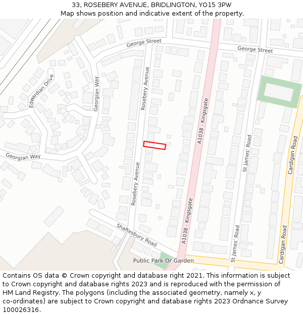 33, ROSEBERY AVENUE, BRIDLINGTON, YO15 3PW: Location map and indicative extent of plot