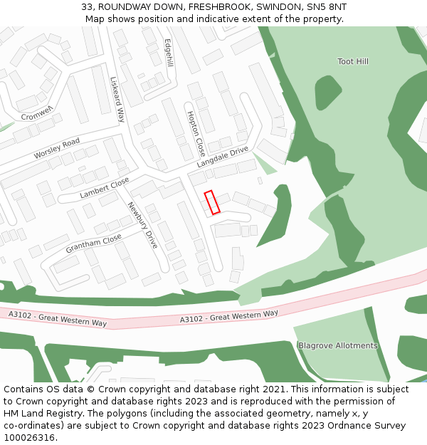 33, ROUNDWAY DOWN, FRESHBROOK, SWINDON, SN5 8NT: Location map and indicative extent of plot