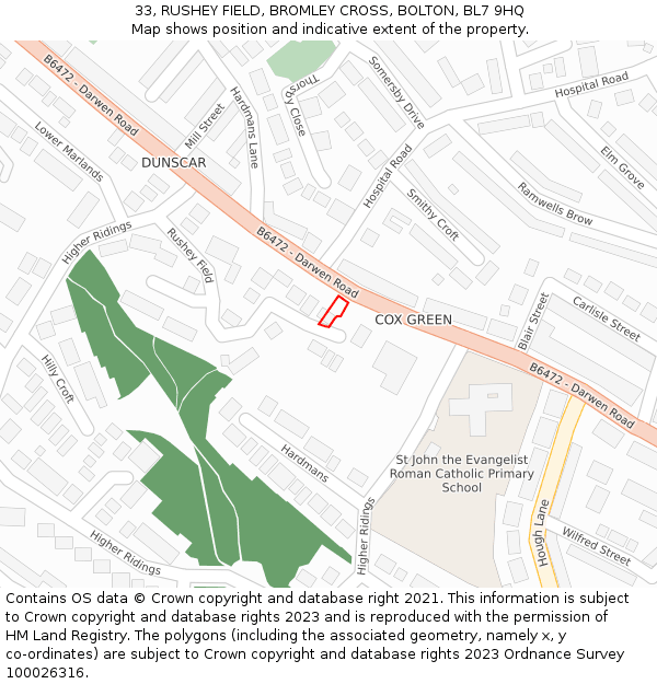 33, RUSHEY FIELD, BROMLEY CROSS, BOLTON, BL7 9HQ: Location map and indicative extent of plot