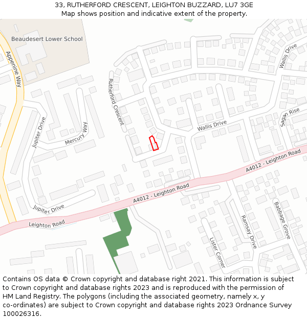 33, RUTHERFORD CRESCENT, LEIGHTON BUZZARD, LU7 3GE: Location map and indicative extent of plot