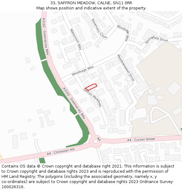 33, SAFFRON MEADOW, CALNE, SN11 0RR: Location map and indicative extent of plot