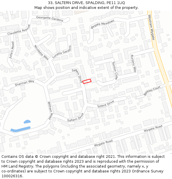 33, SALTERN DRIVE, SPALDING, PE11 1UQ: Location map and indicative extent of plot