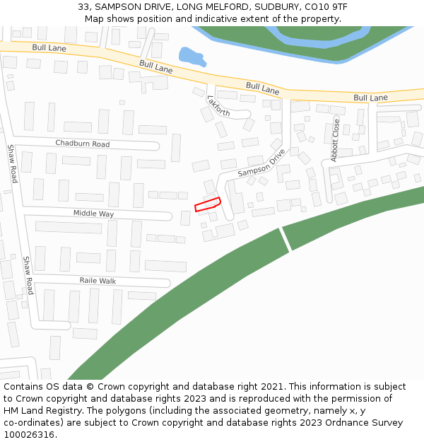 33, SAMPSON DRIVE, LONG MELFORD, SUDBURY, CO10 9TF: Location map and indicative extent of plot