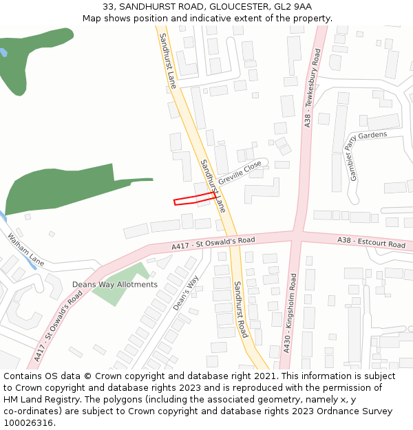 33, SANDHURST ROAD, GLOUCESTER, GL2 9AA: Location map and indicative extent of plot