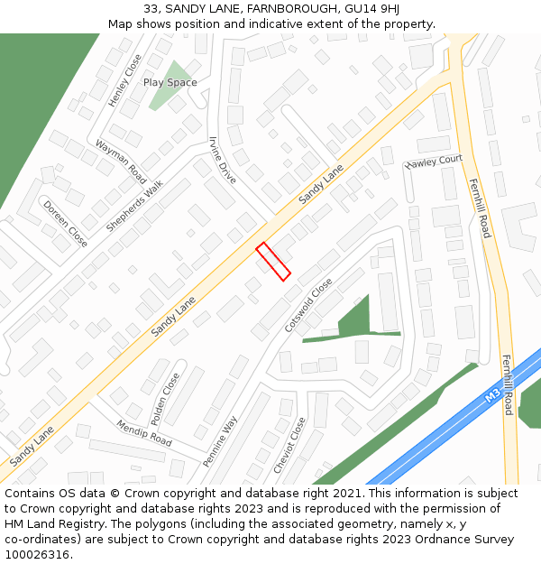 33, SANDY LANE, FARNBOROUGH, GU14 9HJ: Location map and indicative extent of plot