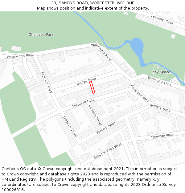 33, SANDYS ROAD, WORCESTER, WR1 3HE: Location map and indicative extent of plot