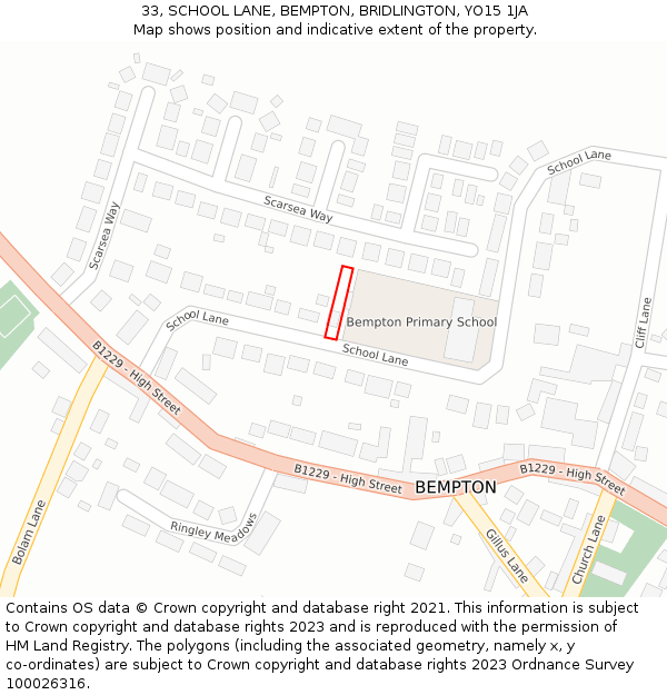 33, SCHOOL LANE, BEMPTON, BRIDLINGTON, YO15 1JA: Location map and indicative extent of plot