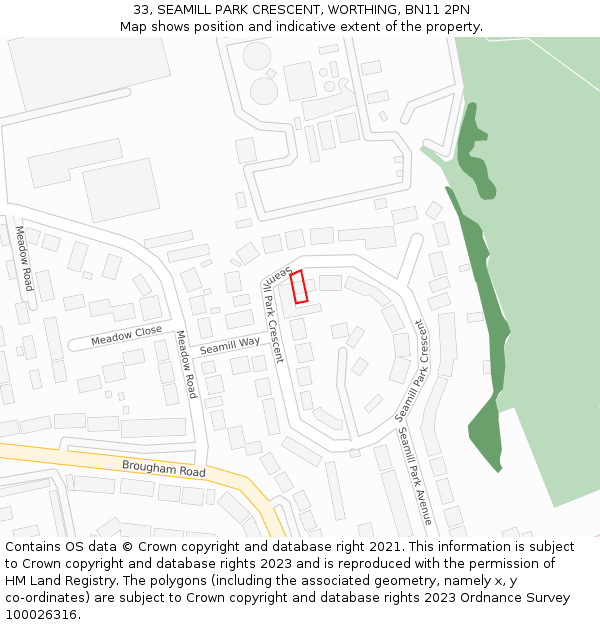 33, SEAMILL PARK CRESCENT, WORTHING, BN11 2PN: Location map and indicative extent of plot