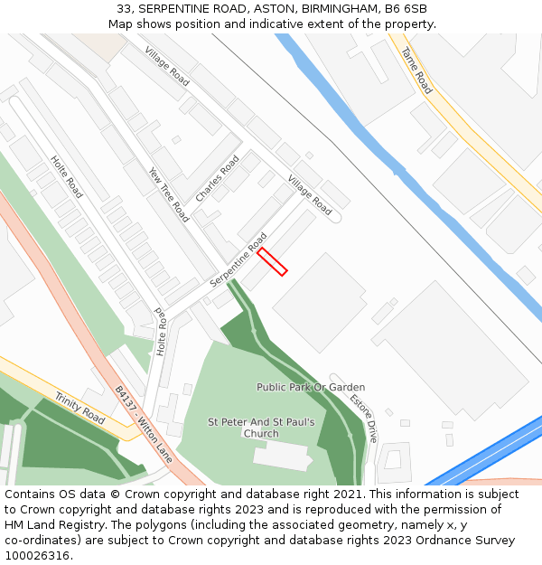 33, SERPENTINE ROAD, ASTON, BIRMINGHAM, B6 6SB: Location map and indicative extent of plot