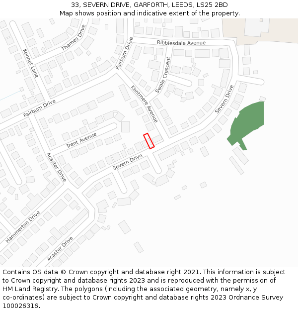33, SEVERN DRIVE, GARFORTH, LEEDS, LS25 2BD: Location map and indicative extent of plot