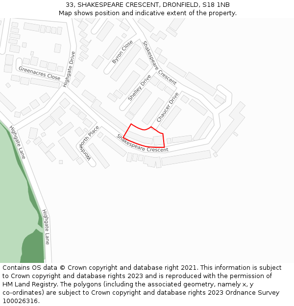 33, SHAKESPEARE CRESCENT, DRONFIELD, S18 1NB: Location map and indicative extent of plot