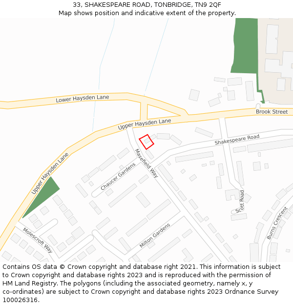 33, SHAKESPEARE ROAD, TONBRIDGE, TN9 2QF: Location map and indicative extent of plot