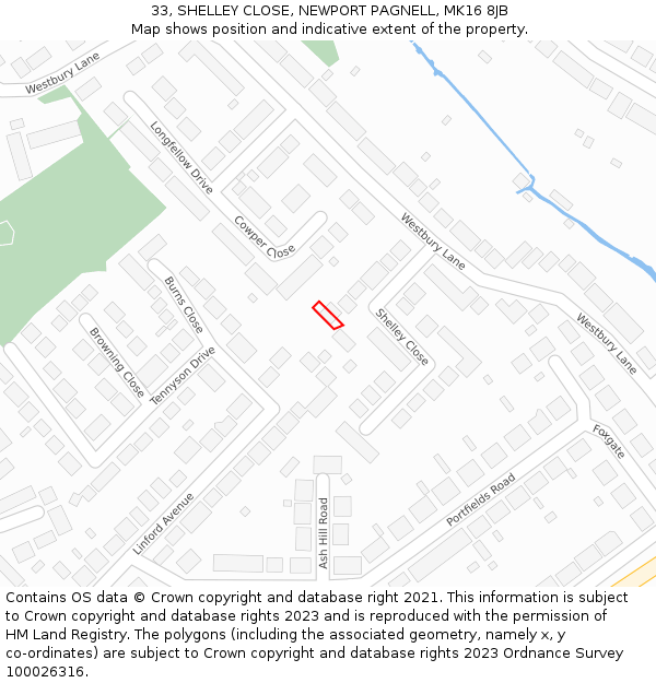 33, SHELLEY CLOSE, NEWPORT PAGNELL, MK16 8JB: Location map and indicative extent of plot