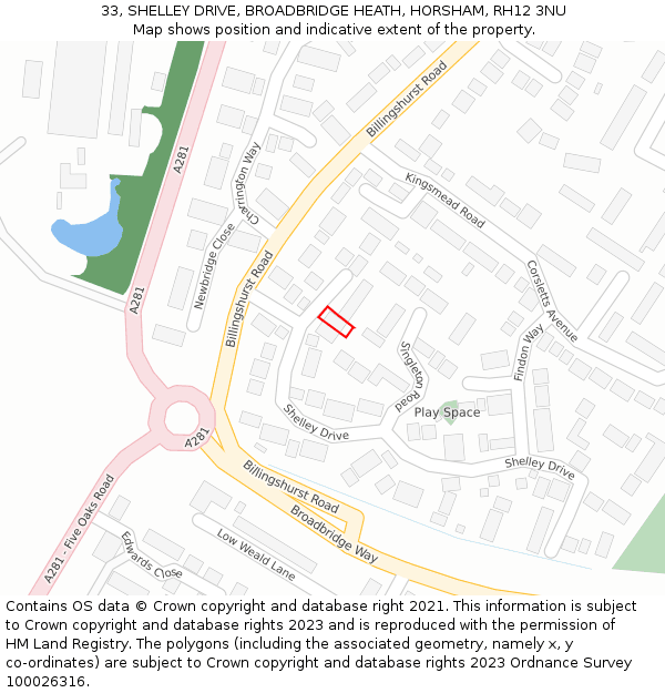 33, SHELLEY DRIVE, BROADBRIDGE HEATH, HORSHAM, RH12 3NU: Location map and indicative extent of plot