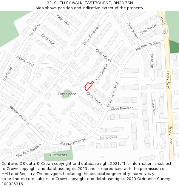 33, SHELLEY WALK, EASTBOURNE, BN23 7SN: Location map and indicative extent of plot