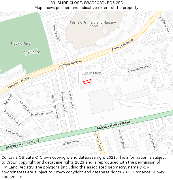 33, SHIRE CLOSE, BRADFORD, BD6 2ED: Location map and indicative extent of plot