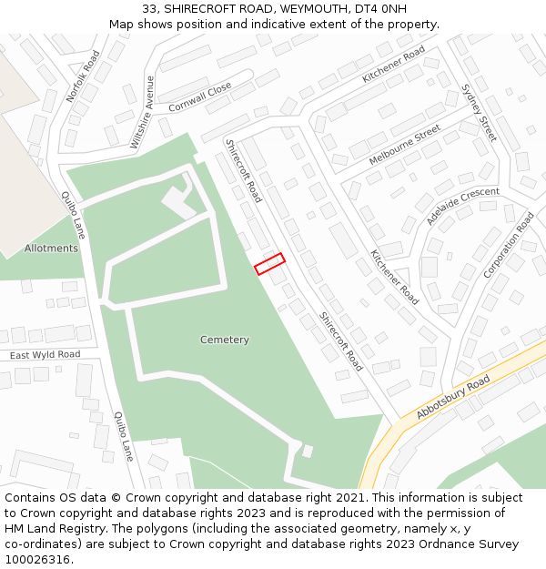 33, SHIRECROFT ROAD, WEYMOUTH, DT4 0NH: Location map and indicative extent of plot