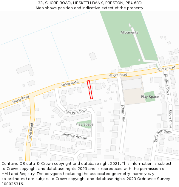 33, SHORE ROAD, HESKETH BANK, PRESTON, PR4 6RD: Location map and indicative extent of plot