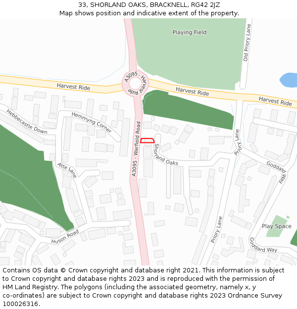 33, SHORLAND OAKS, BRACKNELL, RG42 2JZ: Location map and indicative extent of plot