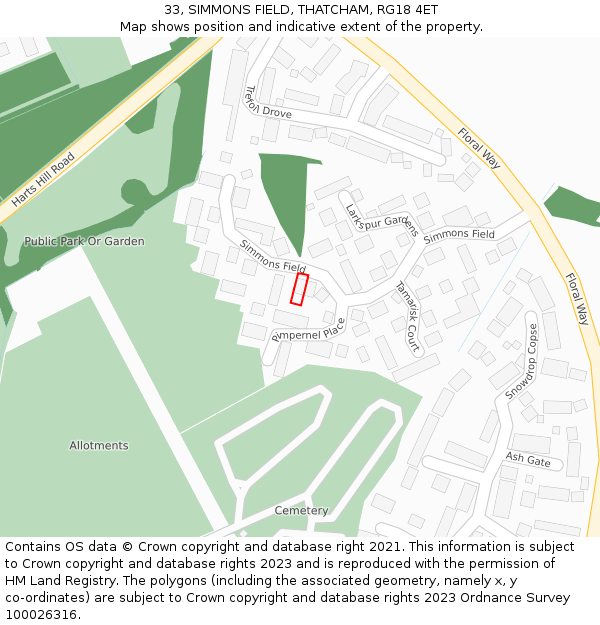 33, SIMMONS FIELD, THATCHAM, RG18 4ET: Location map and indicative extent of plot