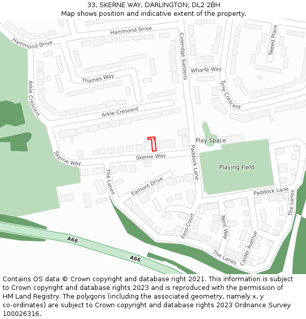 33, SKERNE WAY, DARLINGTON, DL2 2BH: Location map and indicative extent of plot