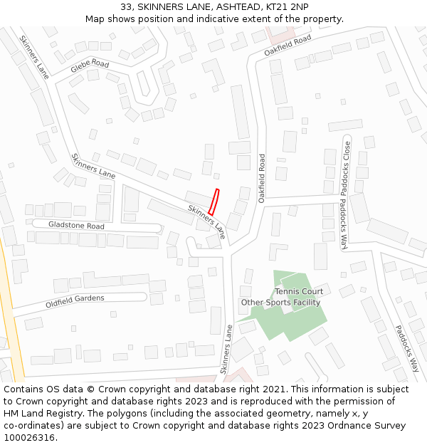 33, SKINNERS LANE, ASHTEAD, KT21 2NP: Location map and indicative extent of plot