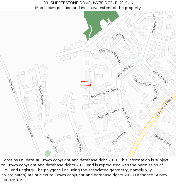 33, SLIPPERSTONE DRIVE, IVYBRIDGE, PL21 9UN: Location map and indicative extent of plot