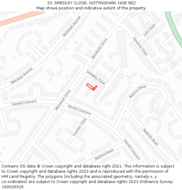 33, SMEDLEY CLOSE, NOTTINGHAM, NG8 5BZ: Location map and indicative extent of plot