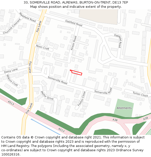 33, SOMERVILLE ROAD, ALREWAS, BURTON-ON-TRENT, DE13 7EP: Location map and indicative extent of plot