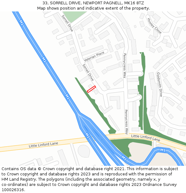 33, SORRELL DRIVE, NEWPORT PAGNELL, MK16 8TZ: Location map and indicative extent of plot