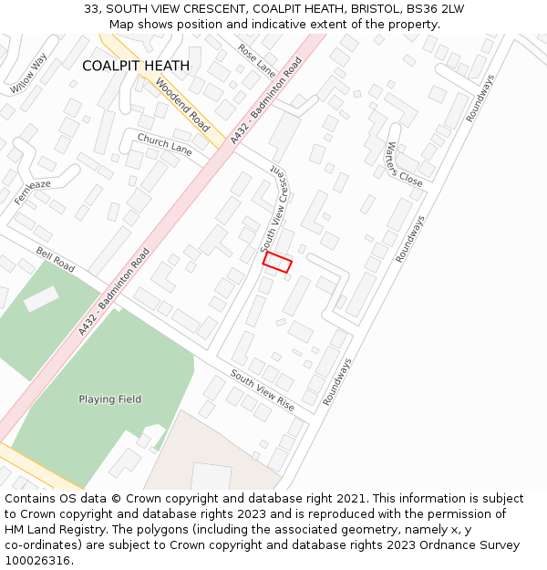 33, SOUTH VIEW CRESCENT, COALPIT HEATH, BRISTOL, BS36 2LW: Location map and indicative extent of plot