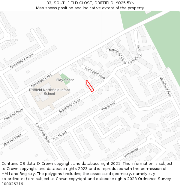33, SOUTHFIELD CLOSE, DRIFFIELD, YO25 5YN: Location map and indicative extent of plot