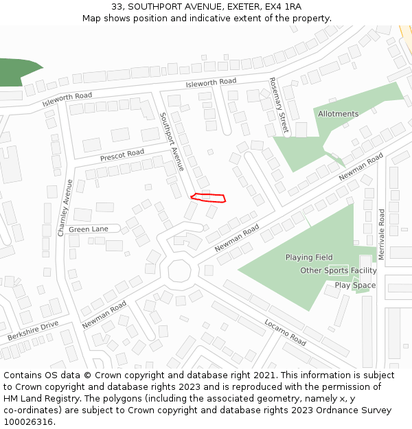 33, SOUTHPORT AVENUE, EXETER, EX4 1RA: Location map and indicative extent of plot