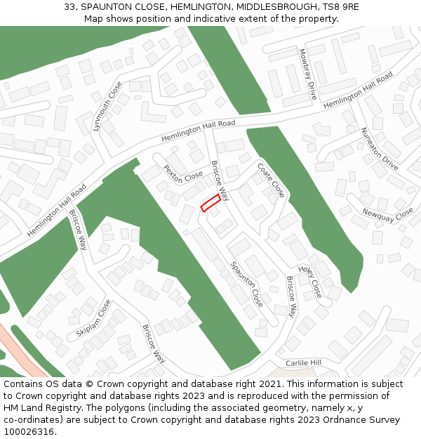 33, SPAUNTON CLOSE, HEMLINGTON, MIDDLESBROUGH, TS8 9RE: Location map and indicative extent of plot