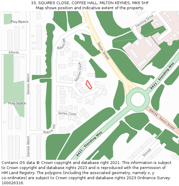 33, SQUIRES CLOSE, COFFEE HALL, MILTON KEYNES, MK6 5HF: Location map and indicative extent of plot