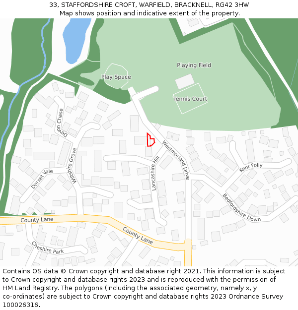 33, STAFFORDSHIRE CROFT, WARFIELD, BRACKNELL, RG42 3HW: Location map and indicative extent of plot