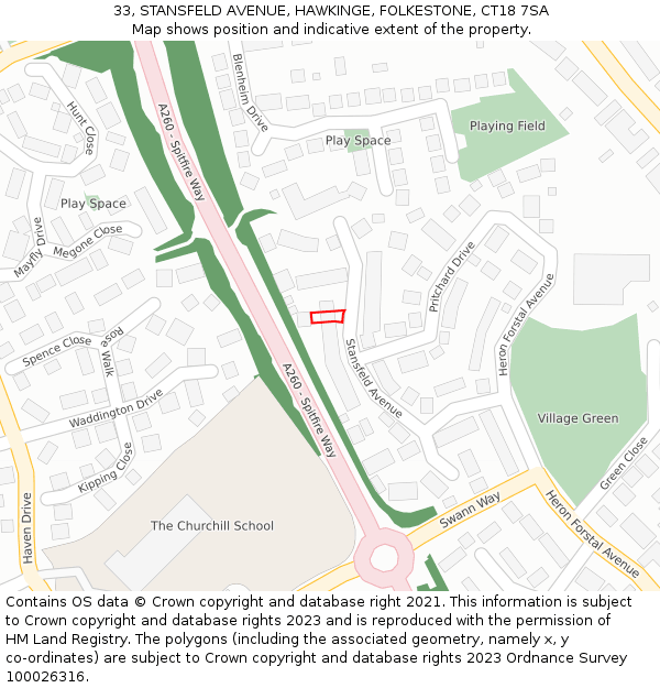 33, STANSFELD AVENUE, HAWKINGE, FOLKESTONE, CT18 7SA: Location map and indicative extent of plot