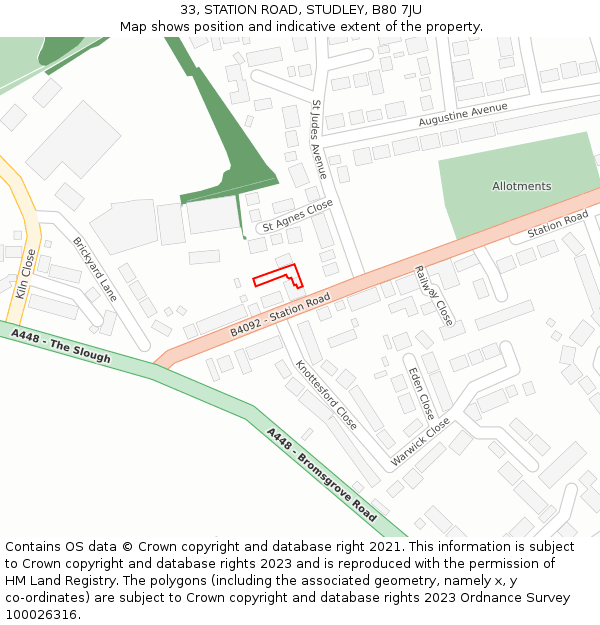 33, STATION ROAD, STUDLEY, B80 7JU: Location map and indicative extent of plot
