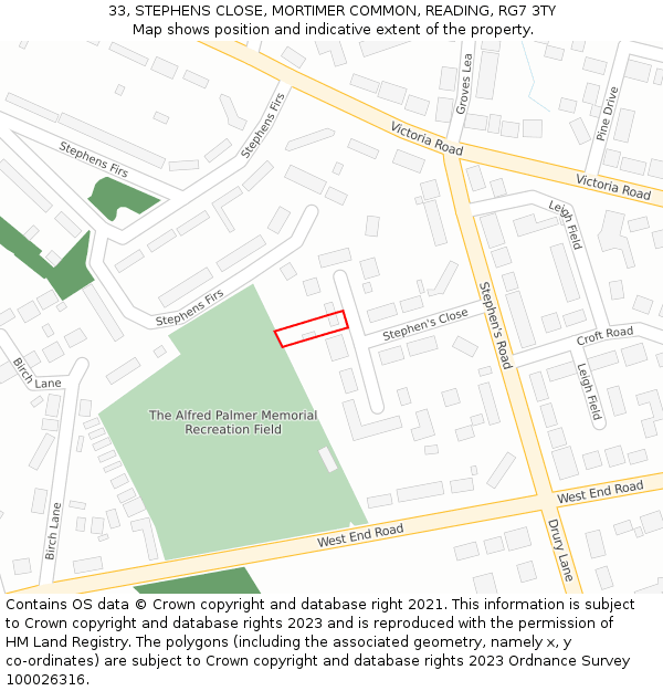 33, STEPHENS CLOSE, MORTIMER COMMON, READING, RG7 3TY: Location map and indicative extent of plot