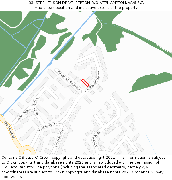 33, STEPHENSON DRIVE, PERTON, WOLVERHAMPTON, WV6 7YA: Location map and indicative extent of plot