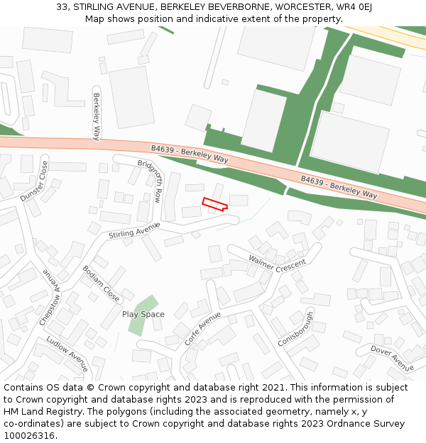 33, STIRLING AVENUE, BERKELEY BEVERBORNE, WORCESTER, WR4 0EJ: Location map and indicative extent of plot