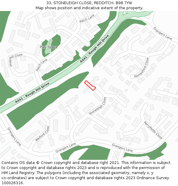 33, STONELEIGH CLOSE, REDDITCH, B98 7YW: Location map and indicative extent of plot