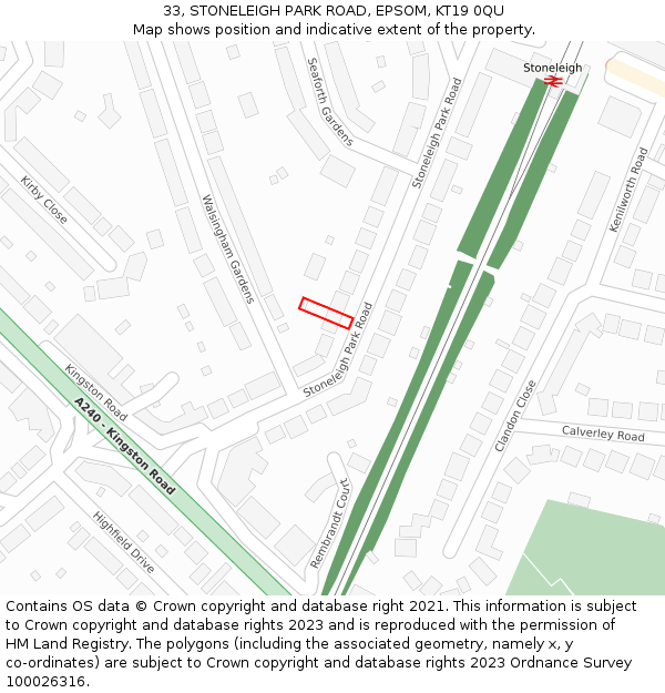 33, STONELEIGH PARK ROAD, EPSOM, KT19 0QU: Location map and indicative extent of plot