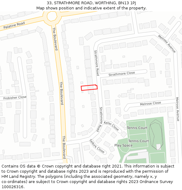 33, STRATHMORE ROAD, WORTHING, BN13 1PJ: Location map and indicative extent of plot