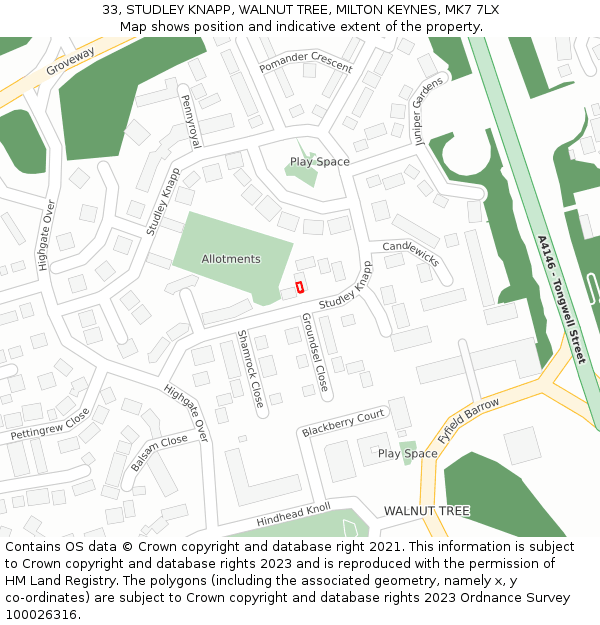 33, STUDLEY KNAPP, WALNUT TREE, MILTON KEYNES, MK7 7LX: Location map and indicative extent of plot