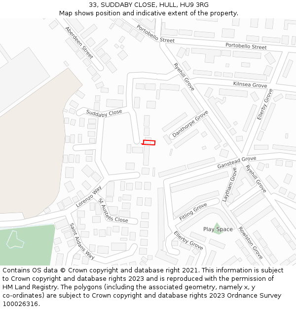 33, SUDDABY CLOSE, HULL, HU9 3RG: Location map and indicative extent of plot